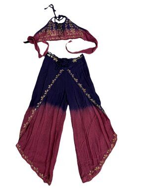 Ombre rayon embroidered sequin bra-top/harem pants - UPCYCLED